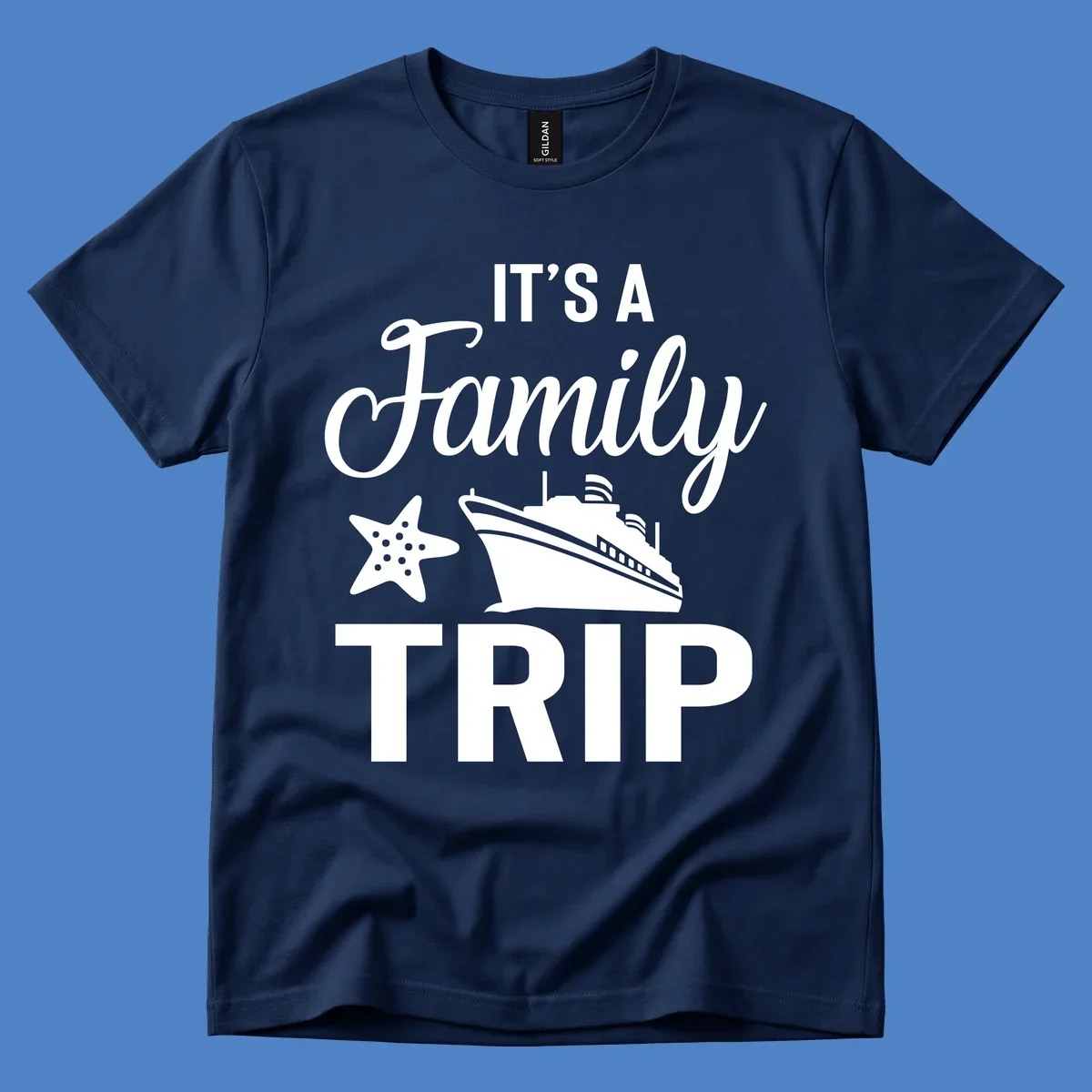 Family cruise trip design with cruise ship and starfish graphic on gray background