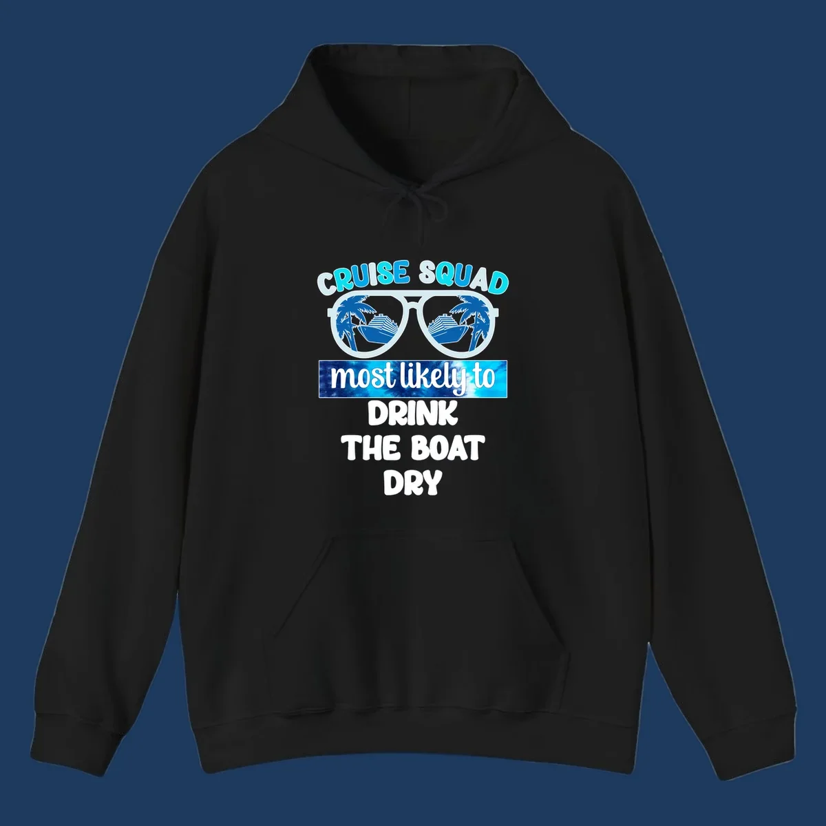 Cruise squad boat dry design with sunglasses containing ship and palm tree reflections, playful vacation text