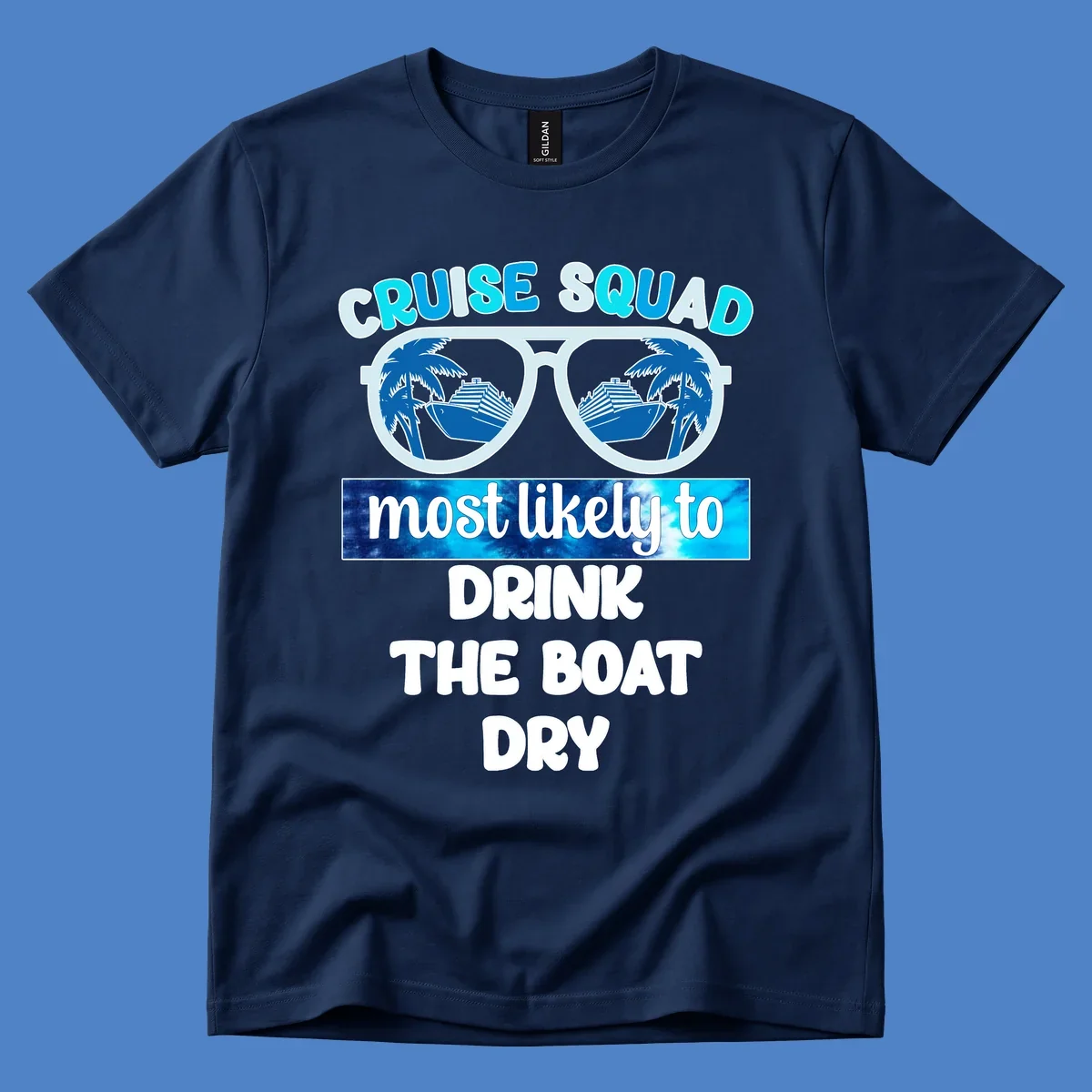 Cruise squad boat dry design with sunglasses containing ship and palm tree reflections, playful vacation text