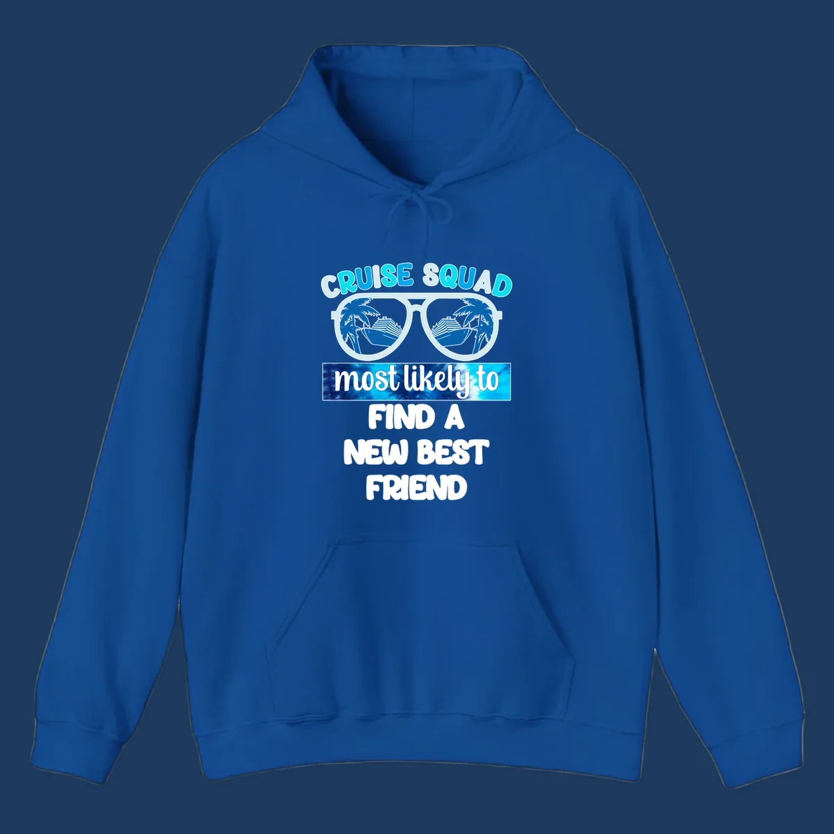 Sunglasses with palm trees and cruise ships reflected in lenses, text reads 'Cruise Squad most likely to find a new best friend'