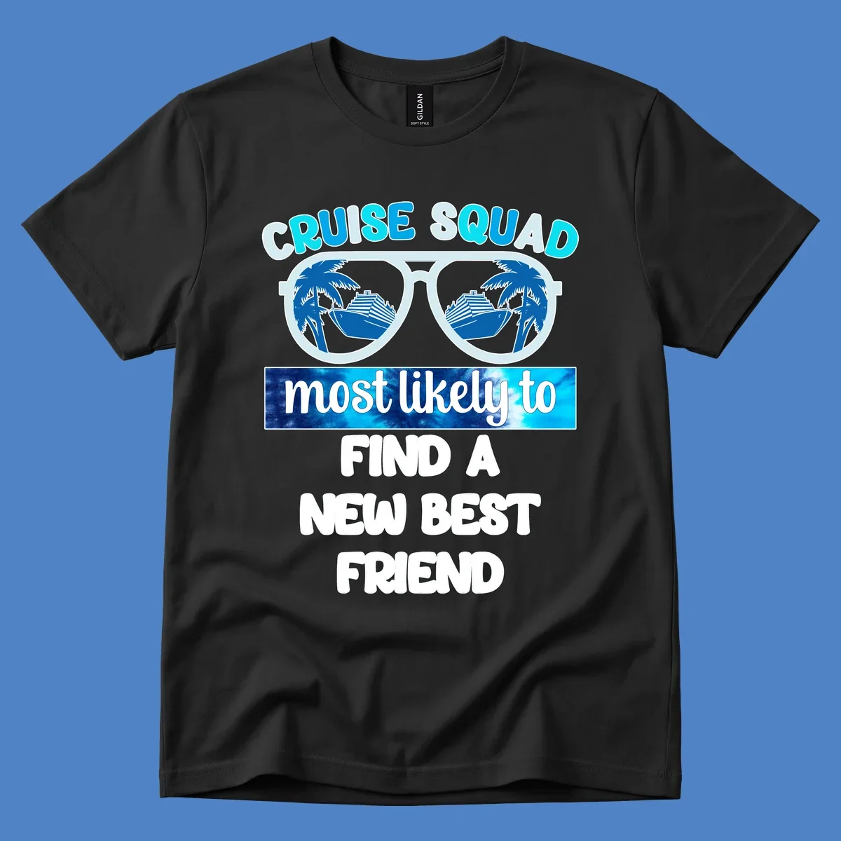 Sunglasses with palm trees and cruise ships reflected in lenses, text reads 'Cruise Squad most likely to find a new best friend'