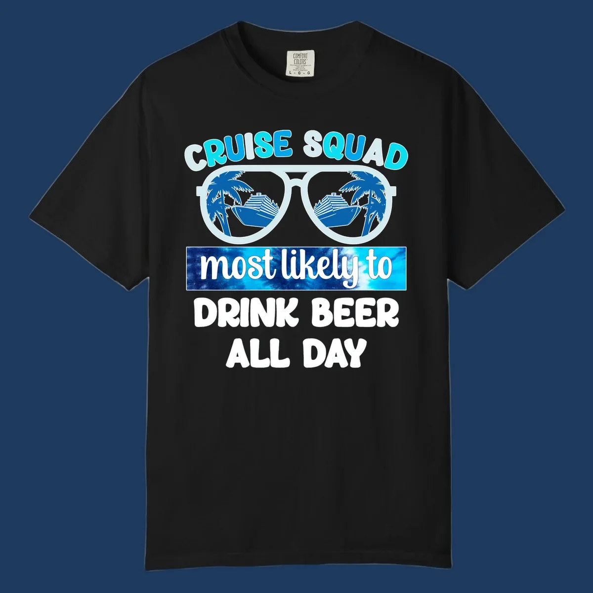 Cruise squad beer sunglasses design with palm trees and ships reflected in oversized shades