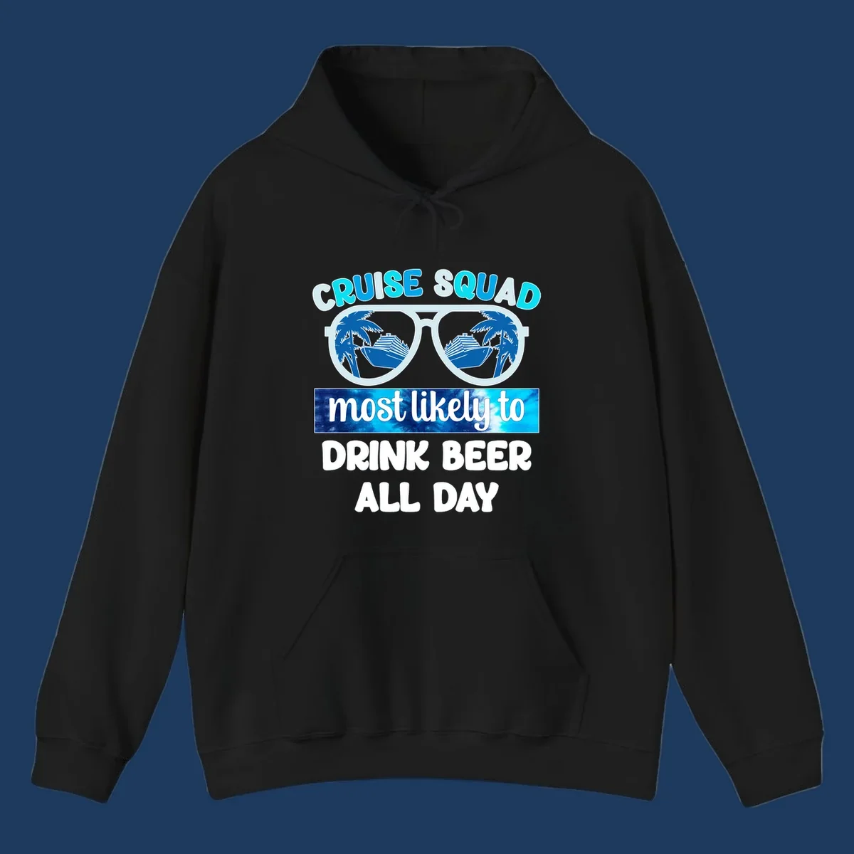 Cruise squad beer sunglasses design with palm trees and ships reflected in oversized shades