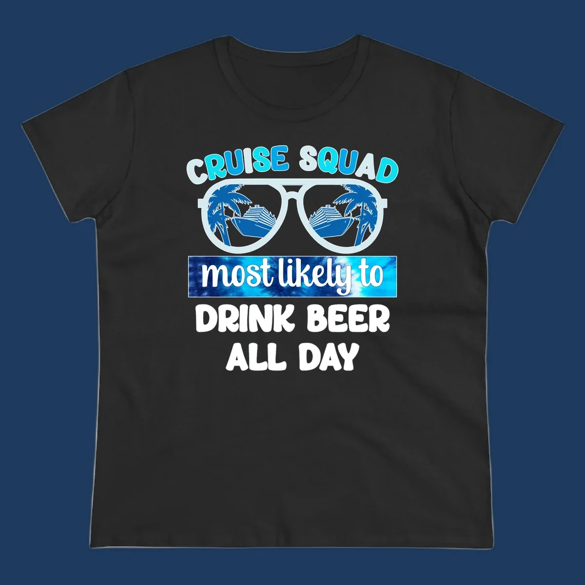 Cruise squad beer sunglasses design with palm trees and ships reflected in oversized shades