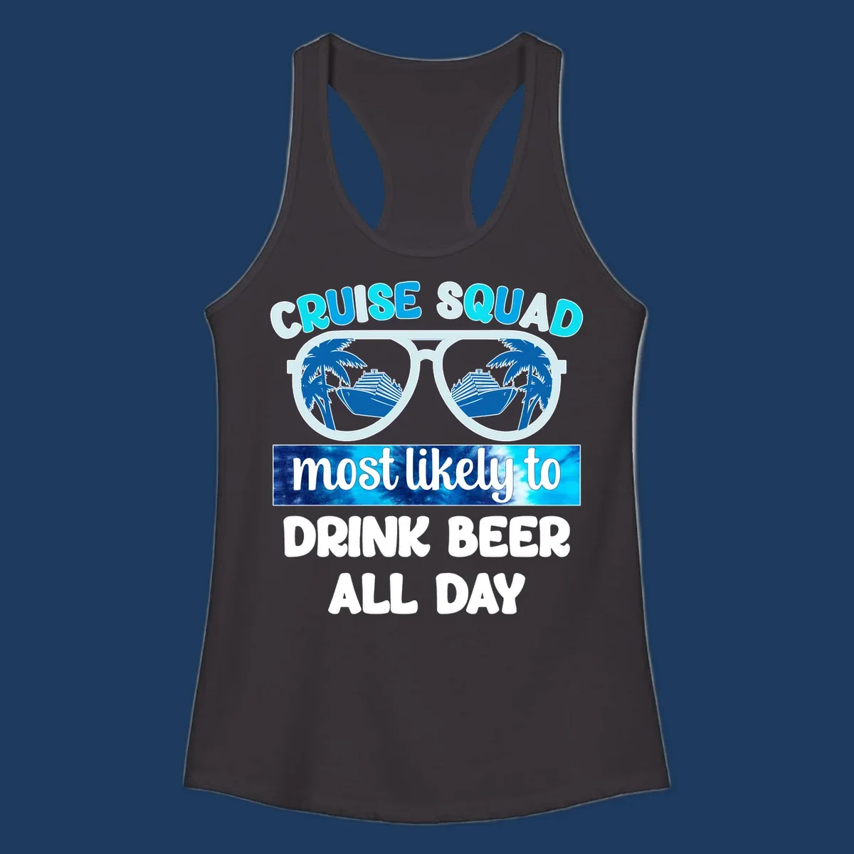 Cruise squad beer sunglasses design with palm trees and ships reflected in oversized shades