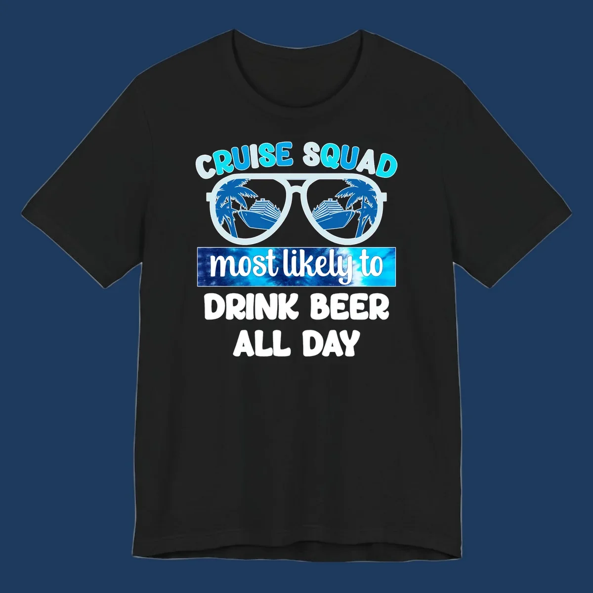 Cruise squad beer sunglasses design with palm trees and ships reflected in oversized shades