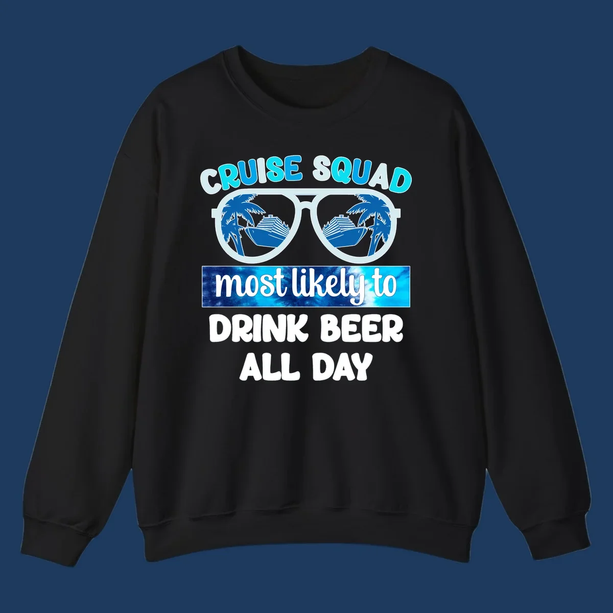 Cruise squad beer sunglasses design with palm trees and ships reflected in oversized shades