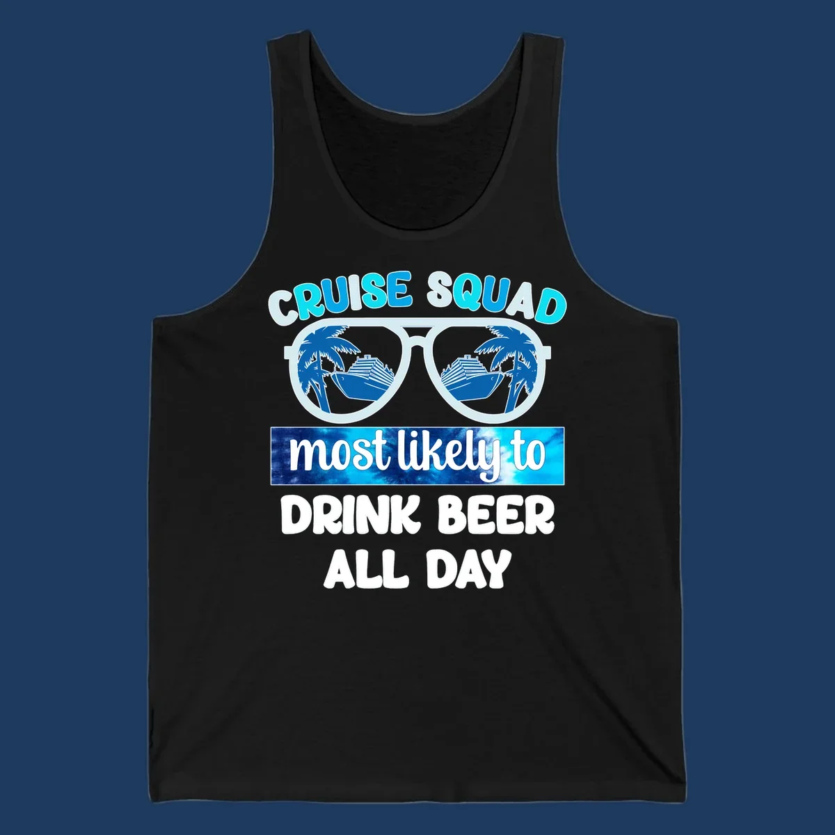 Cruise squad beer sunglasses design with palm trees and ships reflected in oversized shades