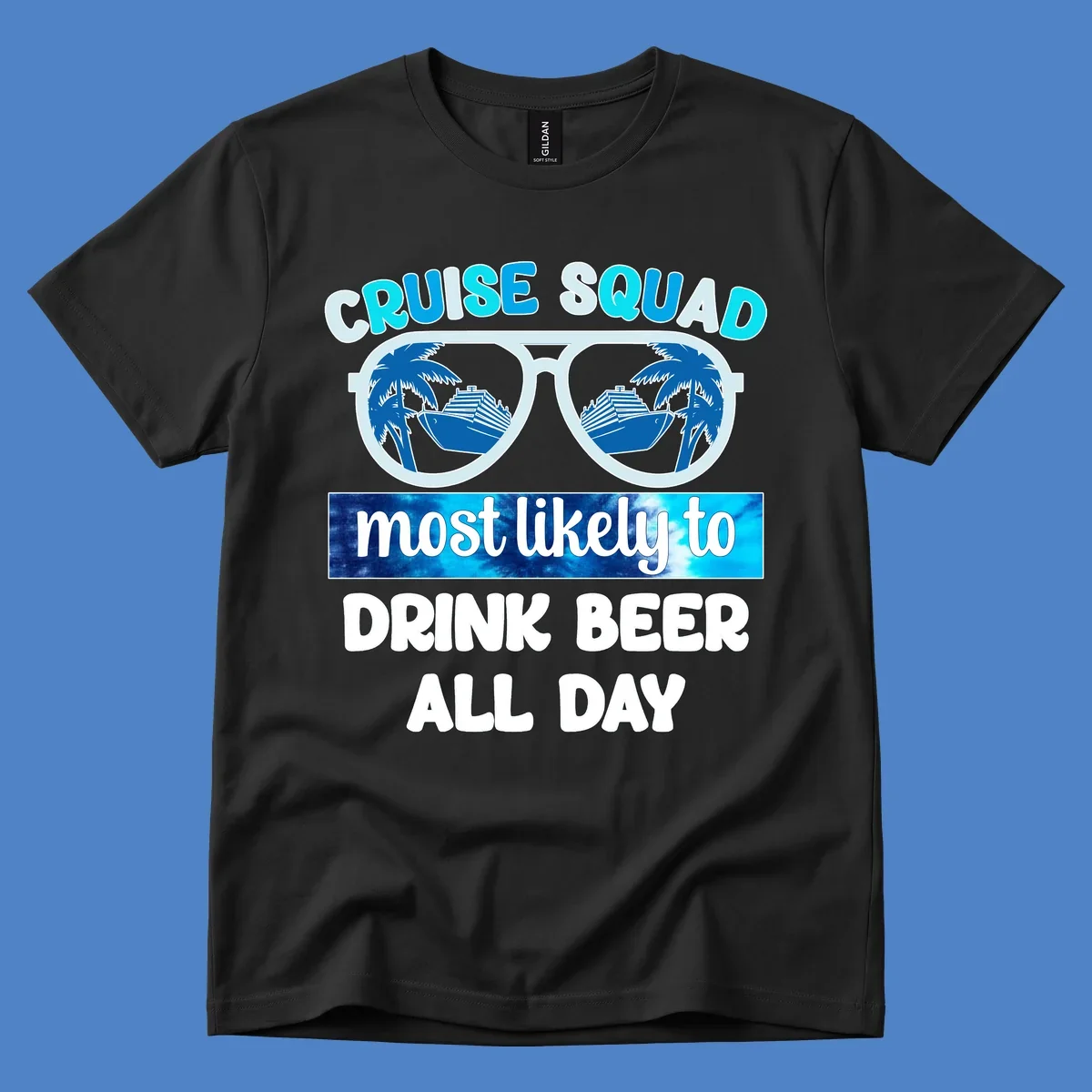 Cruise squad beer sunglasses design with palm trees and ships reflected in oversized shades