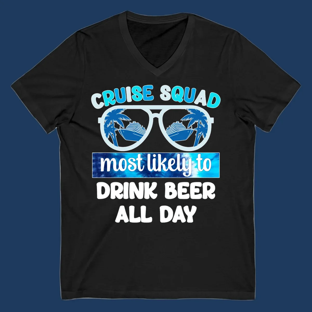 Cruise squad beer sunglasses design with palm trees and ships reflected in oversized shades