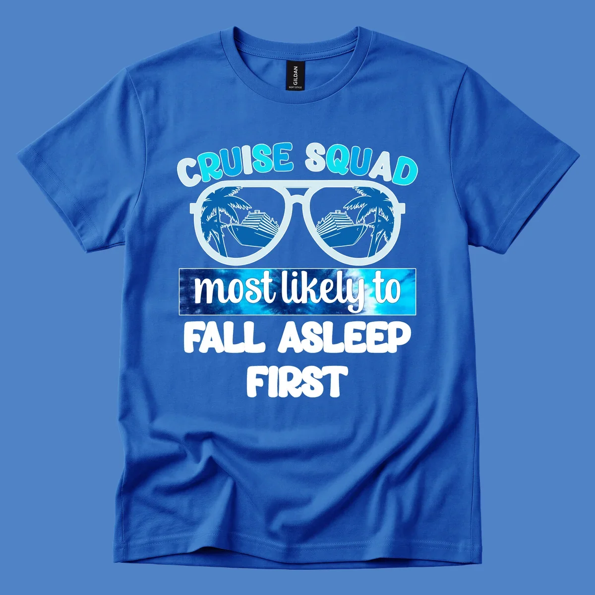 Oversized sunglasses with cruise ship and palm tree reflections, text reads 'Cruise Squad Most Likely To Fall Asleep First'