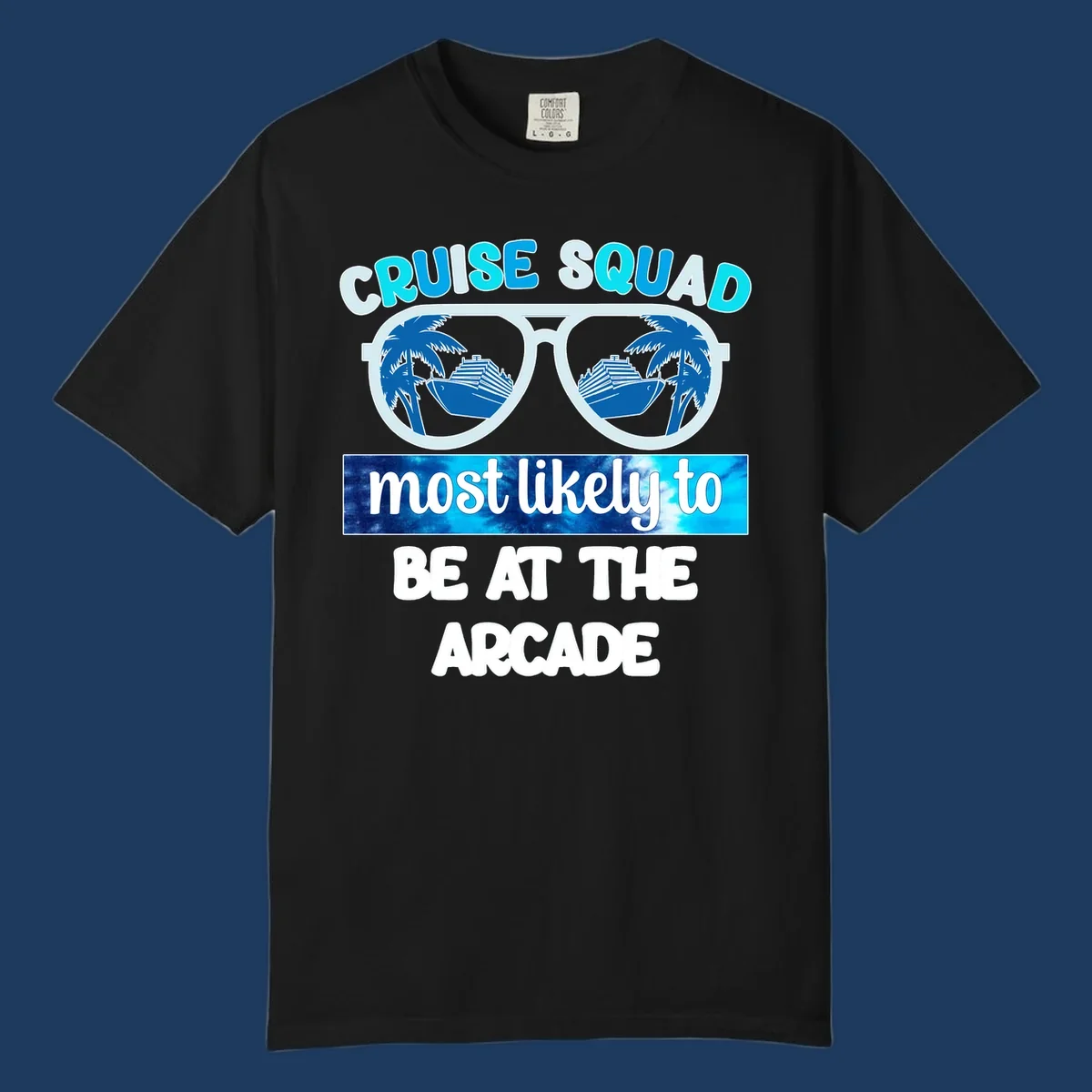 Cruise squad arcade design with sunglasses showing palm trees and ship reflections, retro text