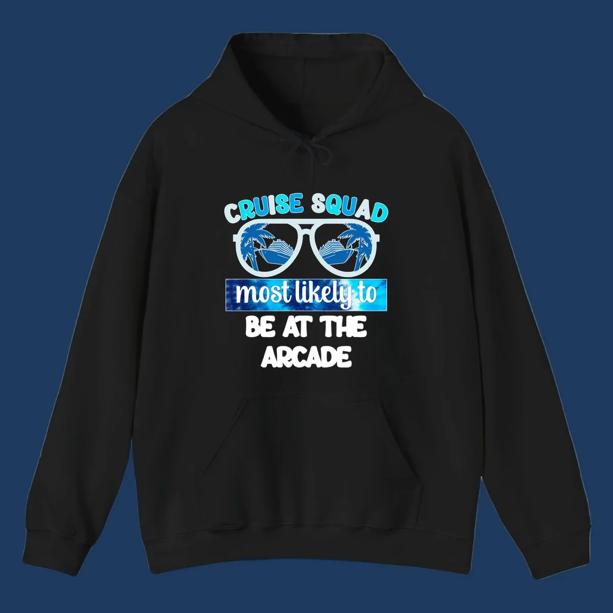 Cruise squad arcade design with sunglasses showing palm trees and ship reflections, retro text