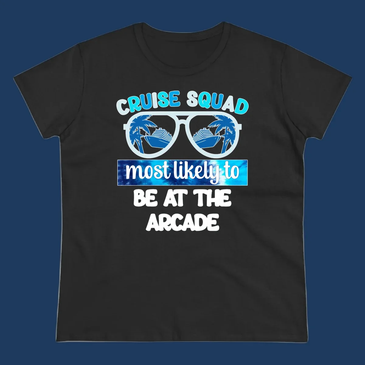 Cruise squad arcade design with sunglasses showing palm trees and ship reflections, retro text