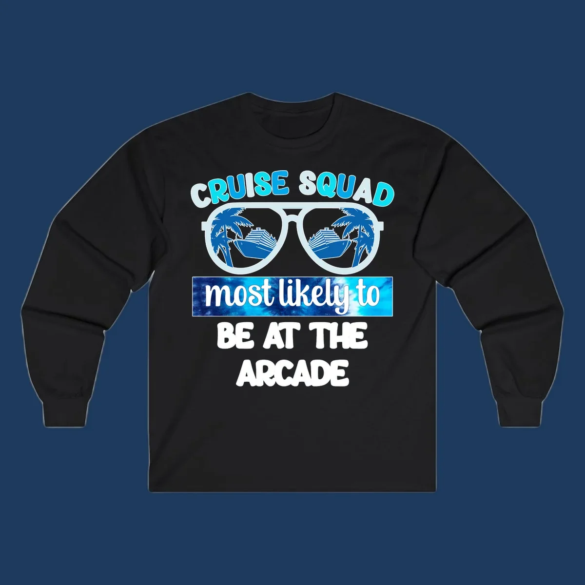 Cruise squad arcade design with sunglasses showing palm trees and ship reflections, retro text