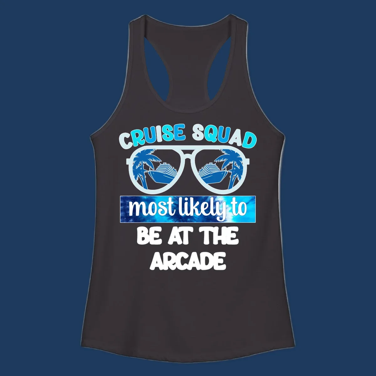 Cruise squad arcade design with sunglasses showing palm trees and ship reflections, retro text