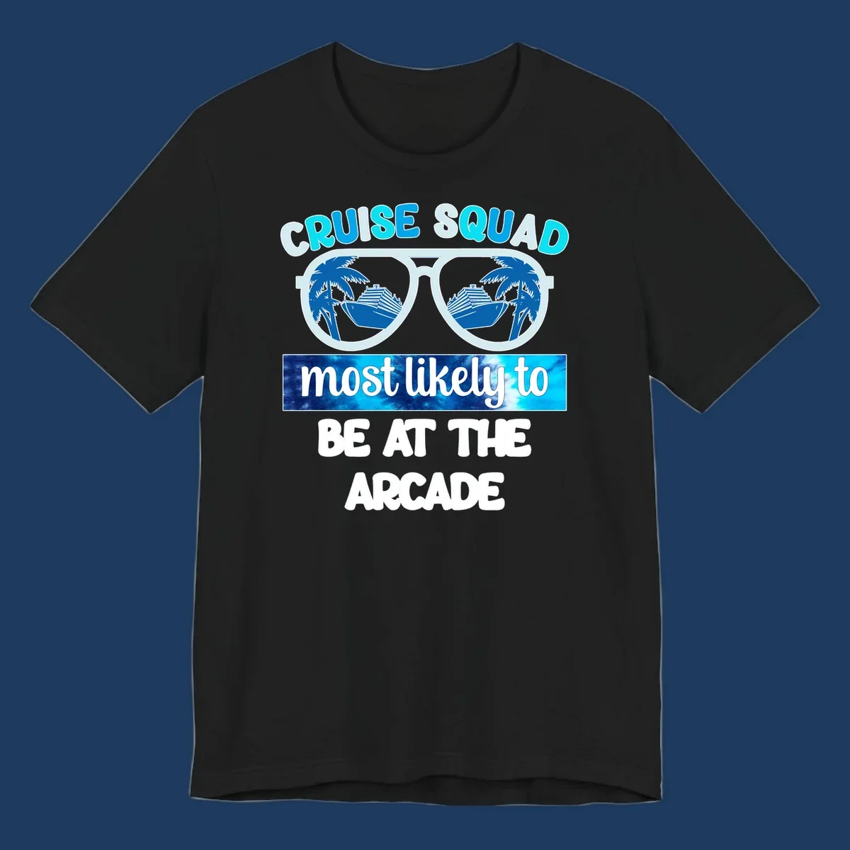Cruise squad arcade design with sunglasses showing palm trees and ship reflections, retro text