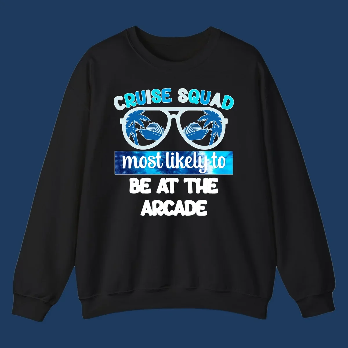 Cruise squad arcade design with sunglasses showing palm trees and ship reflections, retro text