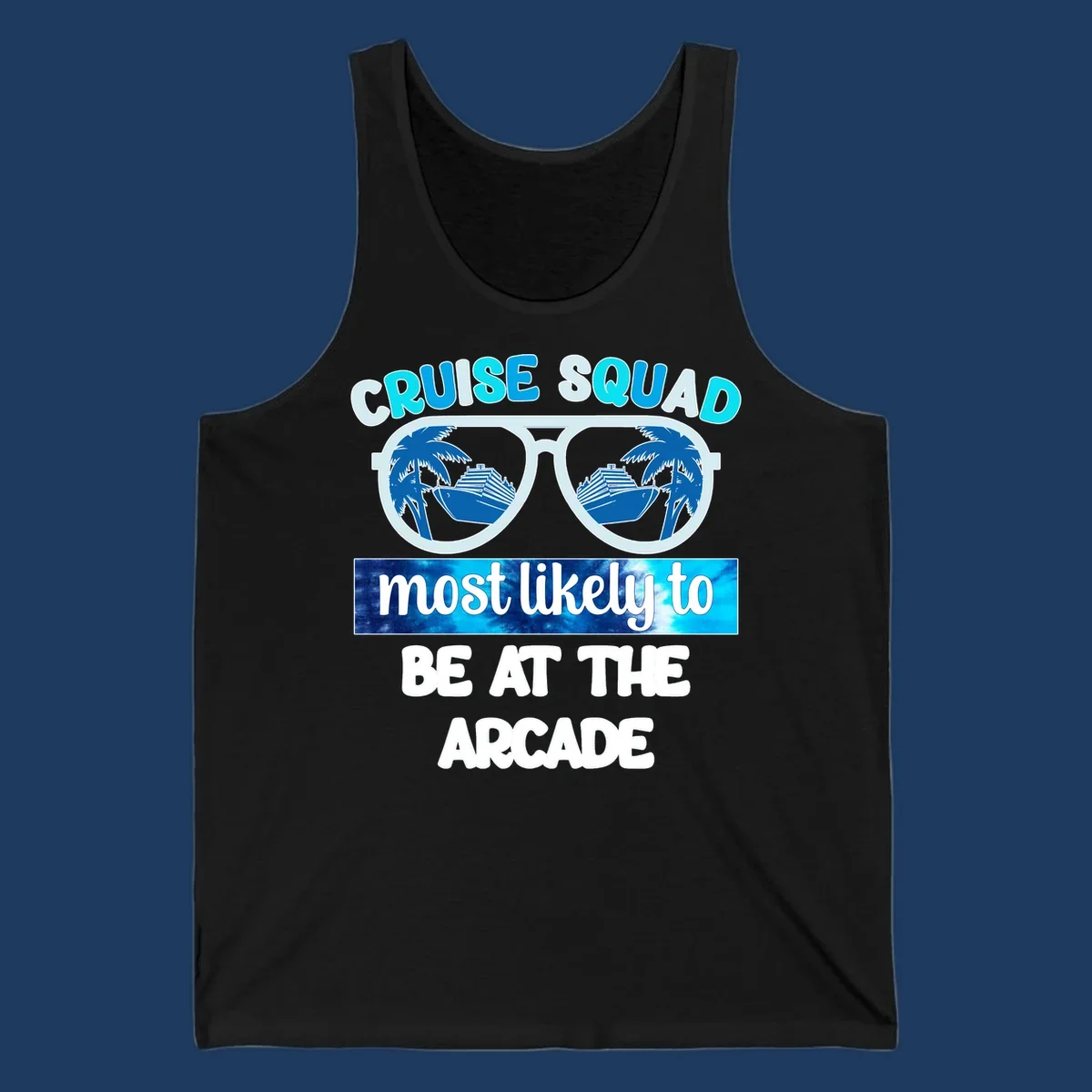 Cruise squad arcade design with sunglasses showing palm trees and ship reflections, retro text