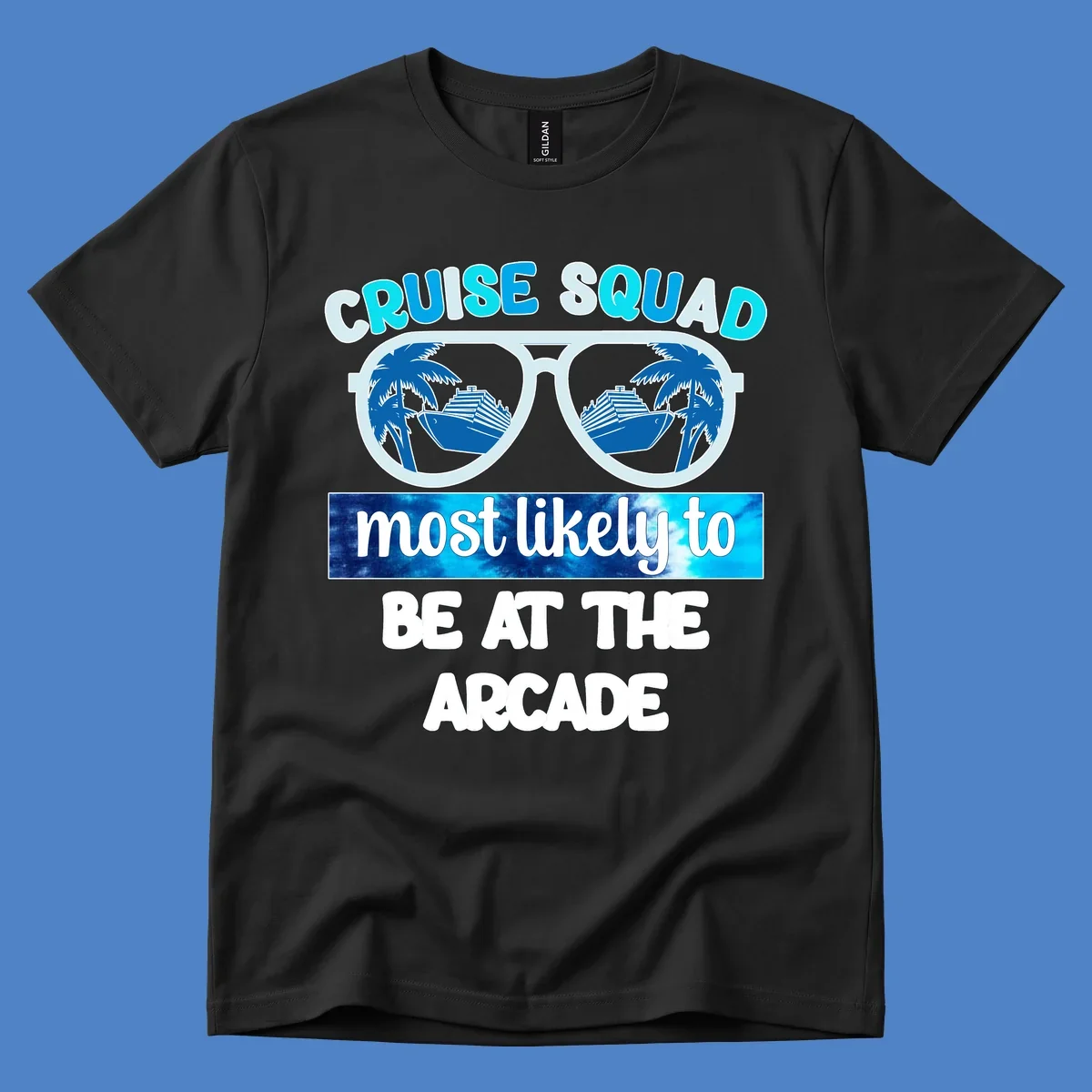 Cruise squad arcade design with sunglasses showing palm trees and ship reflections, retro text