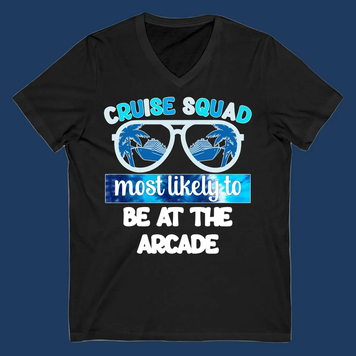Cruise squad arcade design with sunglasses showing palm trees and ship reflections, retro text