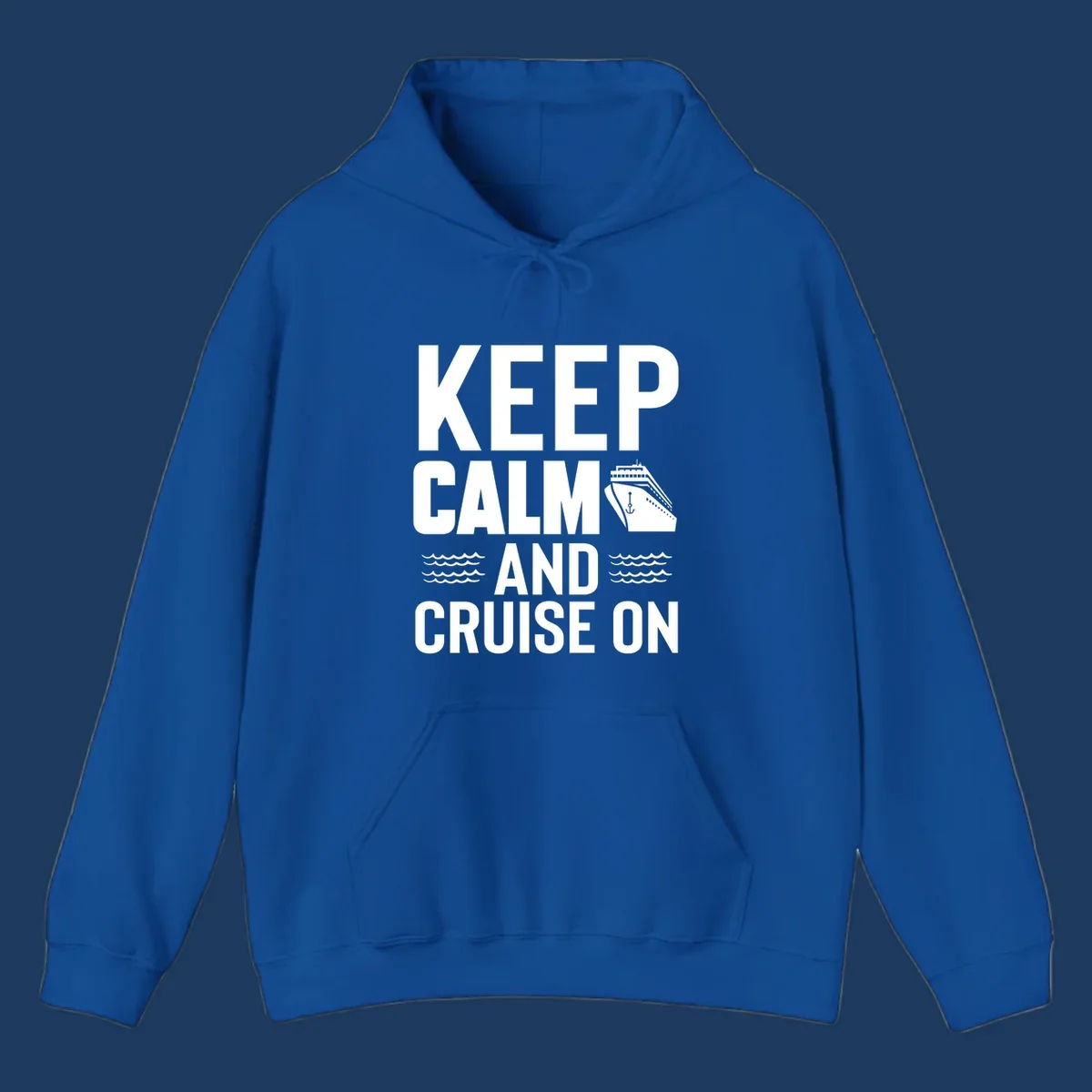 Keep calm and cruise on design with cruise ship, anchor, and ocean waves on gray background