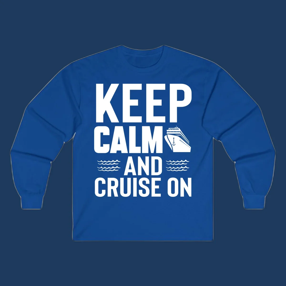 Keep calm and cruise on design with cruise ship, anchor, and ocean waves on gray background