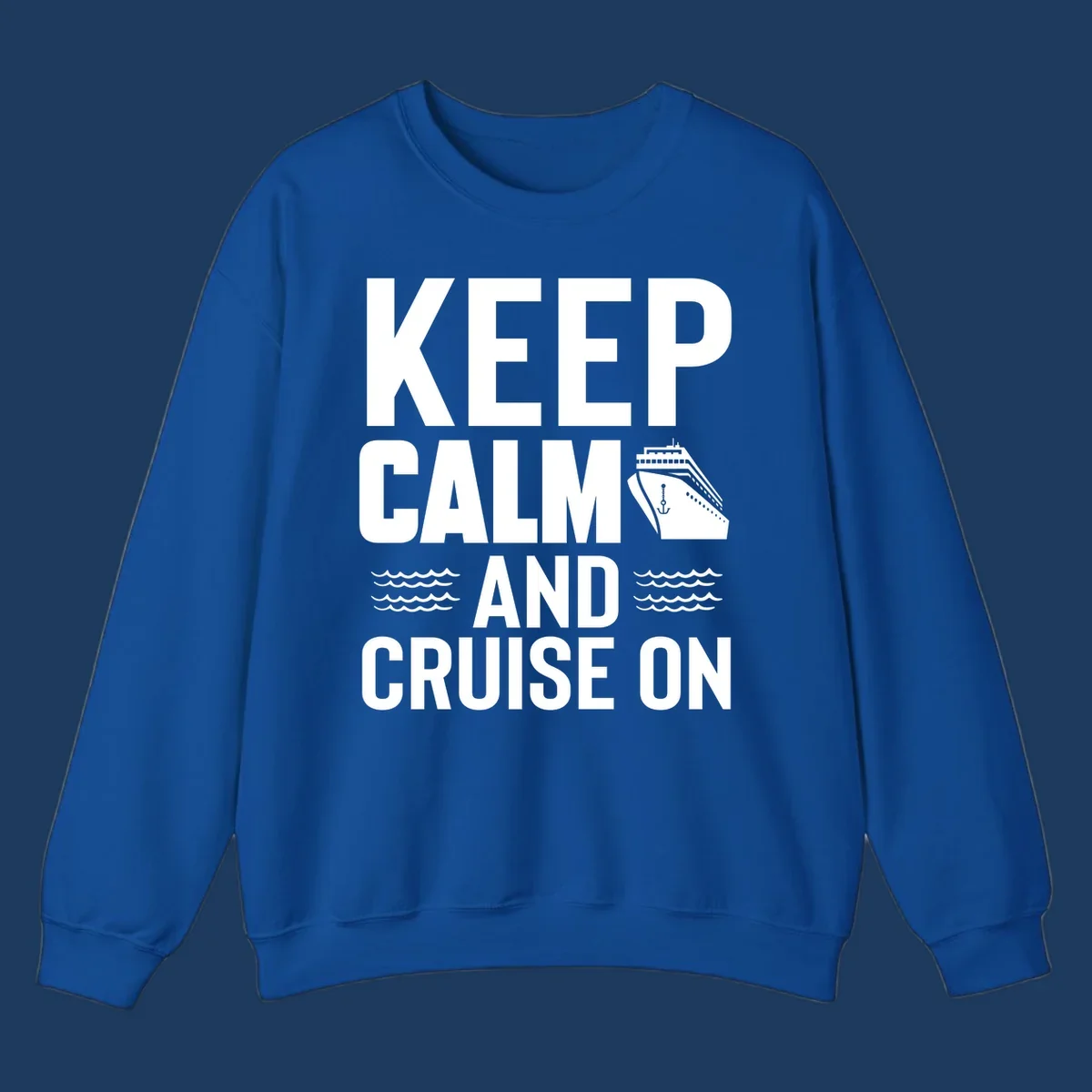 Keep calm and cruise on design with cruise ship, anchor, and ocean waves on gray background