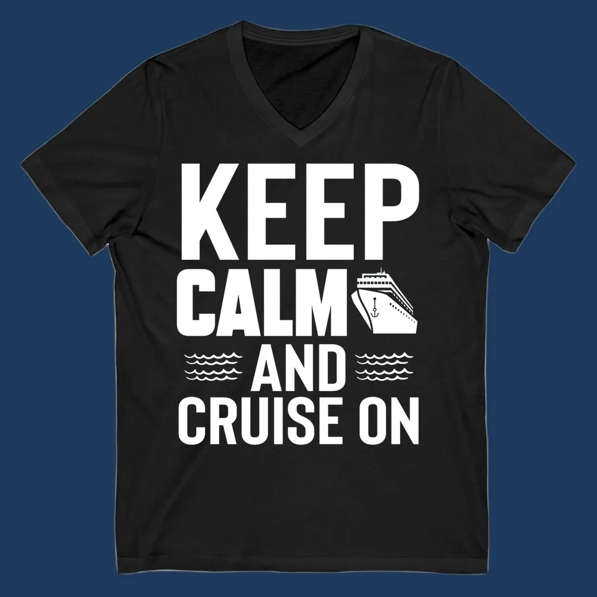 Keep calm and cruise on design with cruise ship, anchor, and ocean waves on gray background