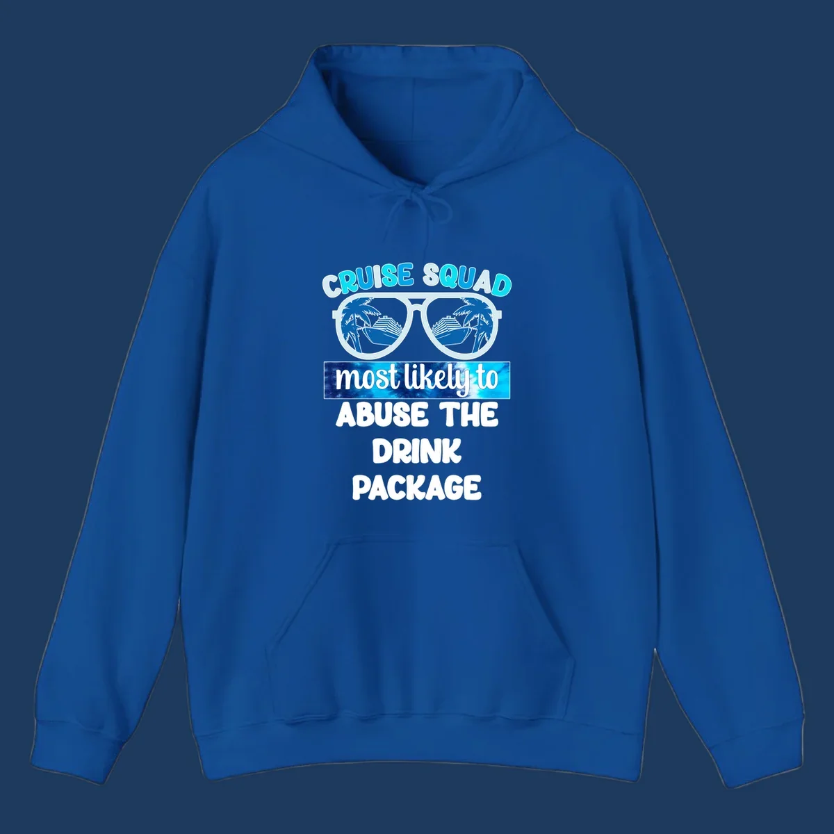Cruise squad drink package design: oversized sunglasses with cruise ship and palm tree reflections, humorous text about abusing the drink package