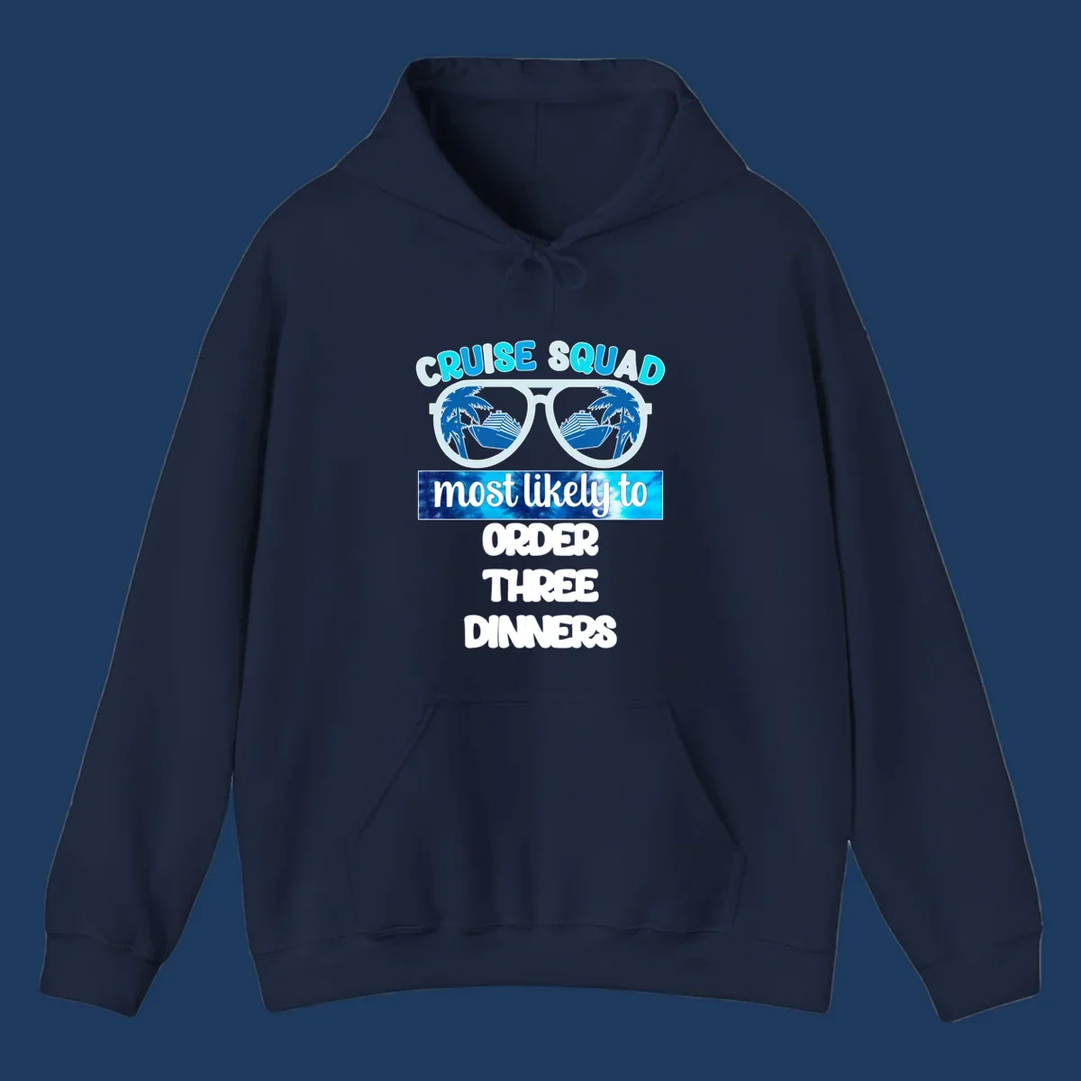 Sunglasses with cruise ship and palm tree reflections, text reads 'Cruise Squad most likely to order three dinners'