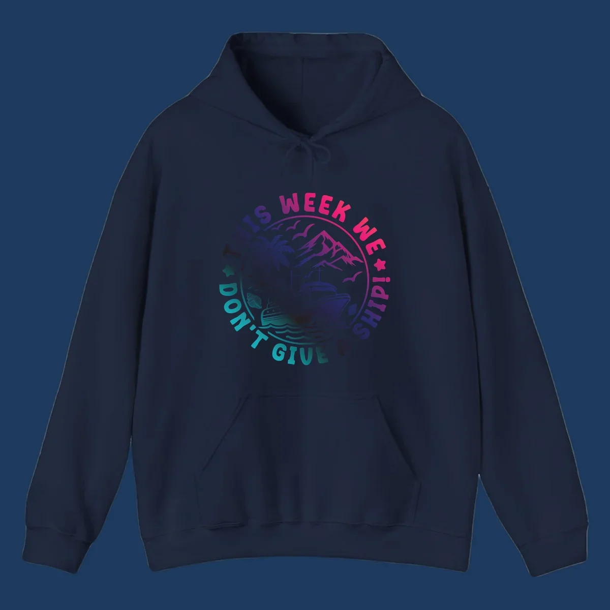 Circular badge design with cruise ship, palm tree, and mountains featuring 'This Week I'm On A Cruise Ship' text in gradient pink and purple lettering