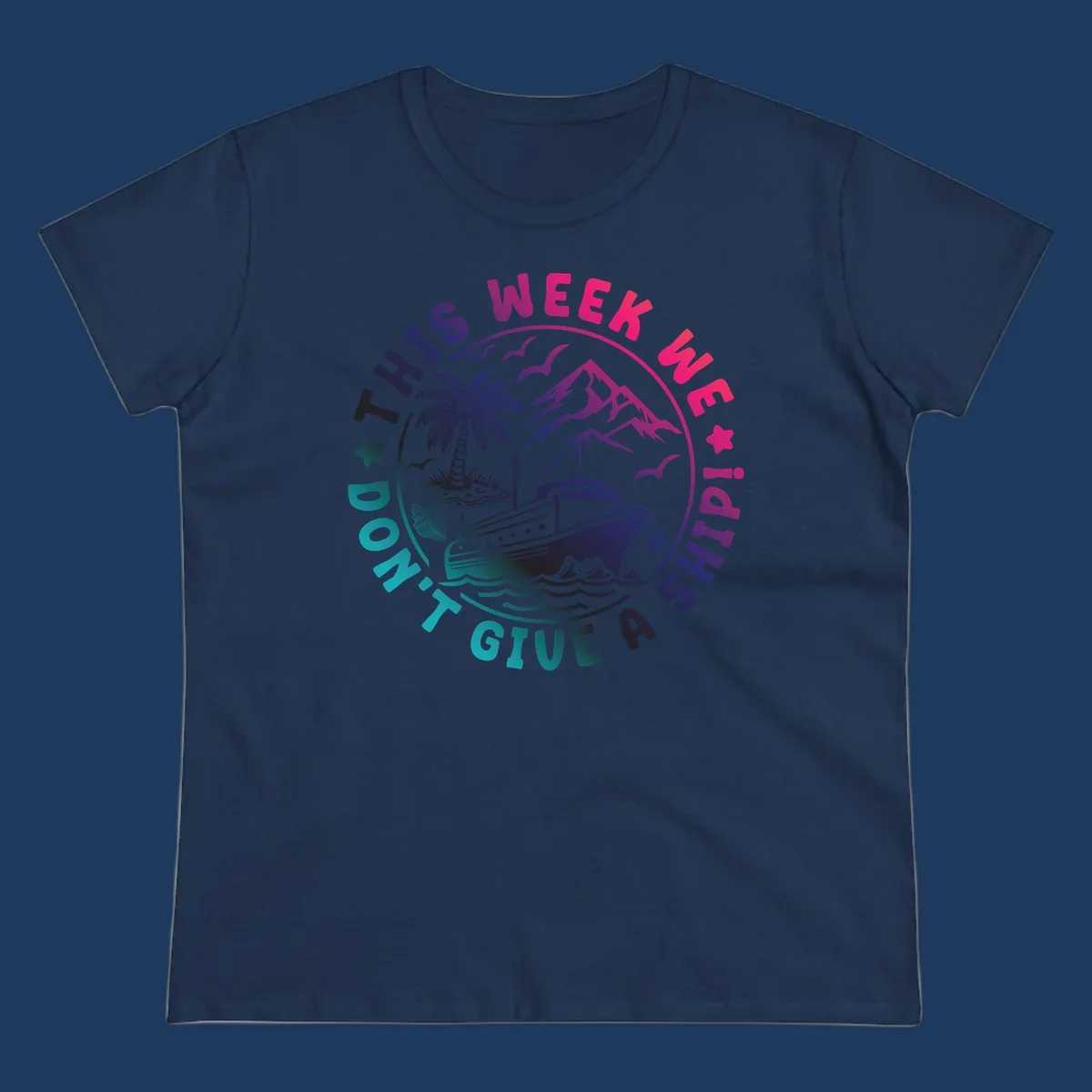 Circular badge design with cruise ship, palm tree, and mountains featuring 'This Week I'm On A Cruise Ship' text in gradient pink and purple lettering