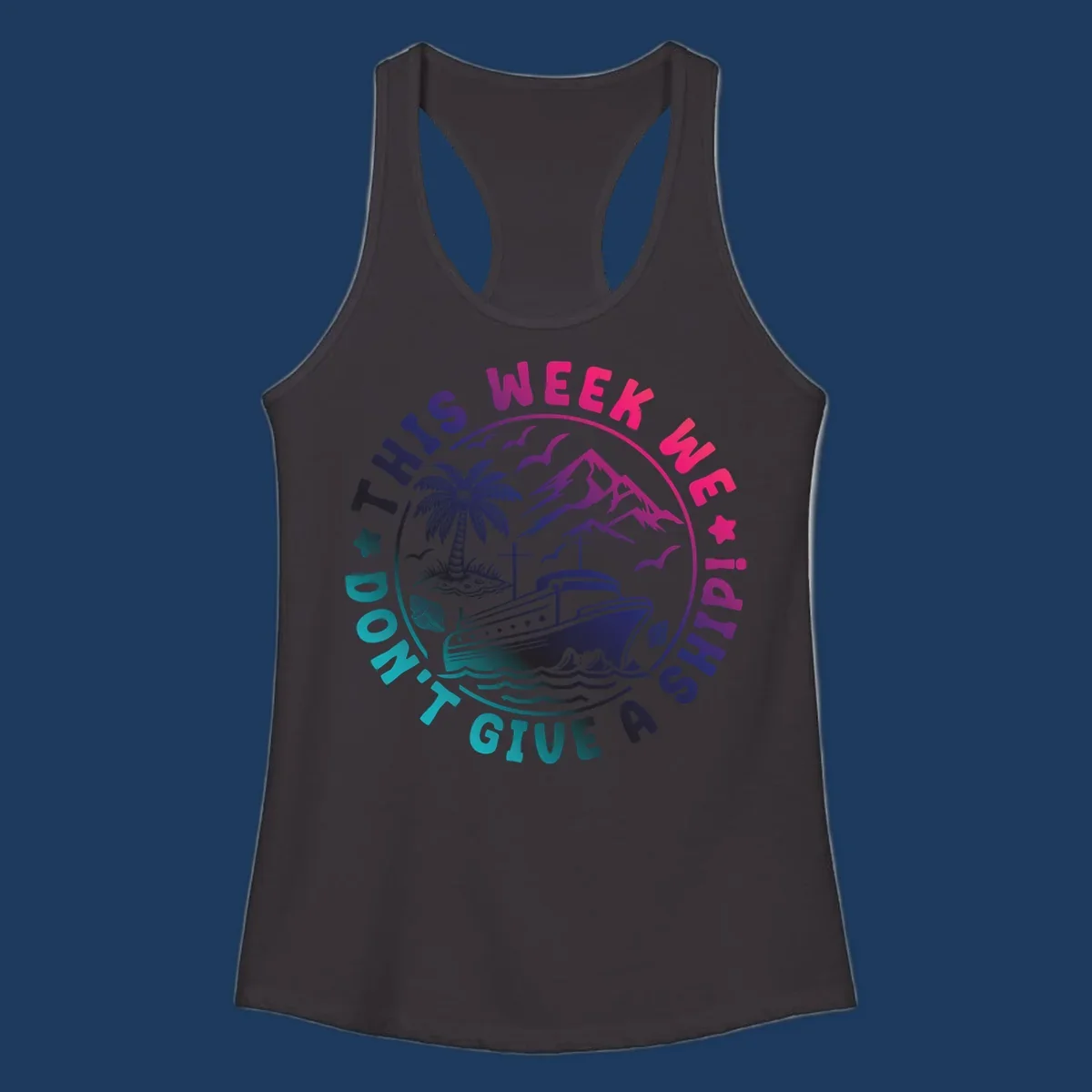 Circular badge design with cruise ship, palm tree, and mountains featuring 'This Week I'm On A Cruise Ship' text in gradient pink and purple lettering