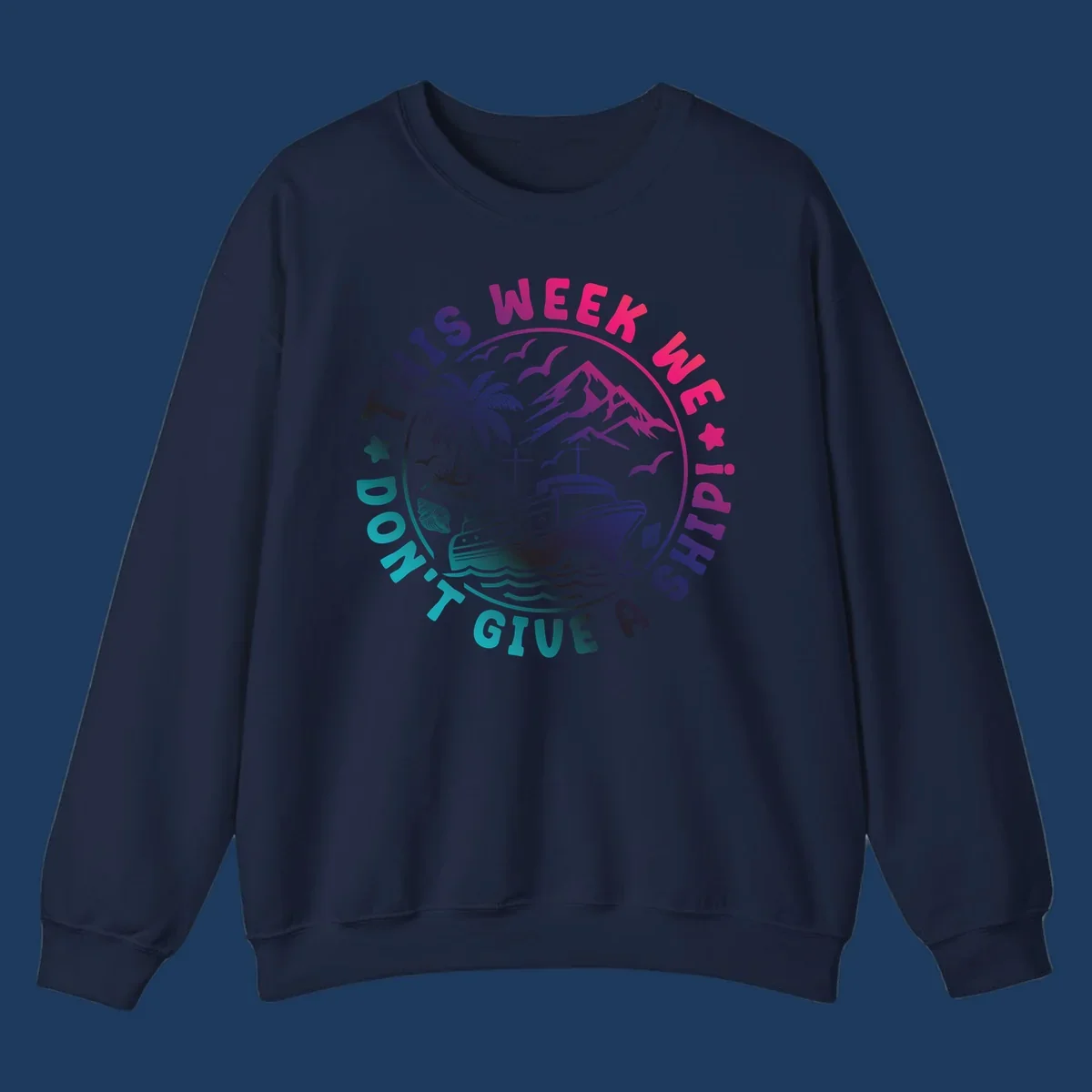 Circular badge design with cruise ship, palm tree, and mountains featuring 'This Week I'm On A Cruise Ship' text in gradient pink and purple lettering