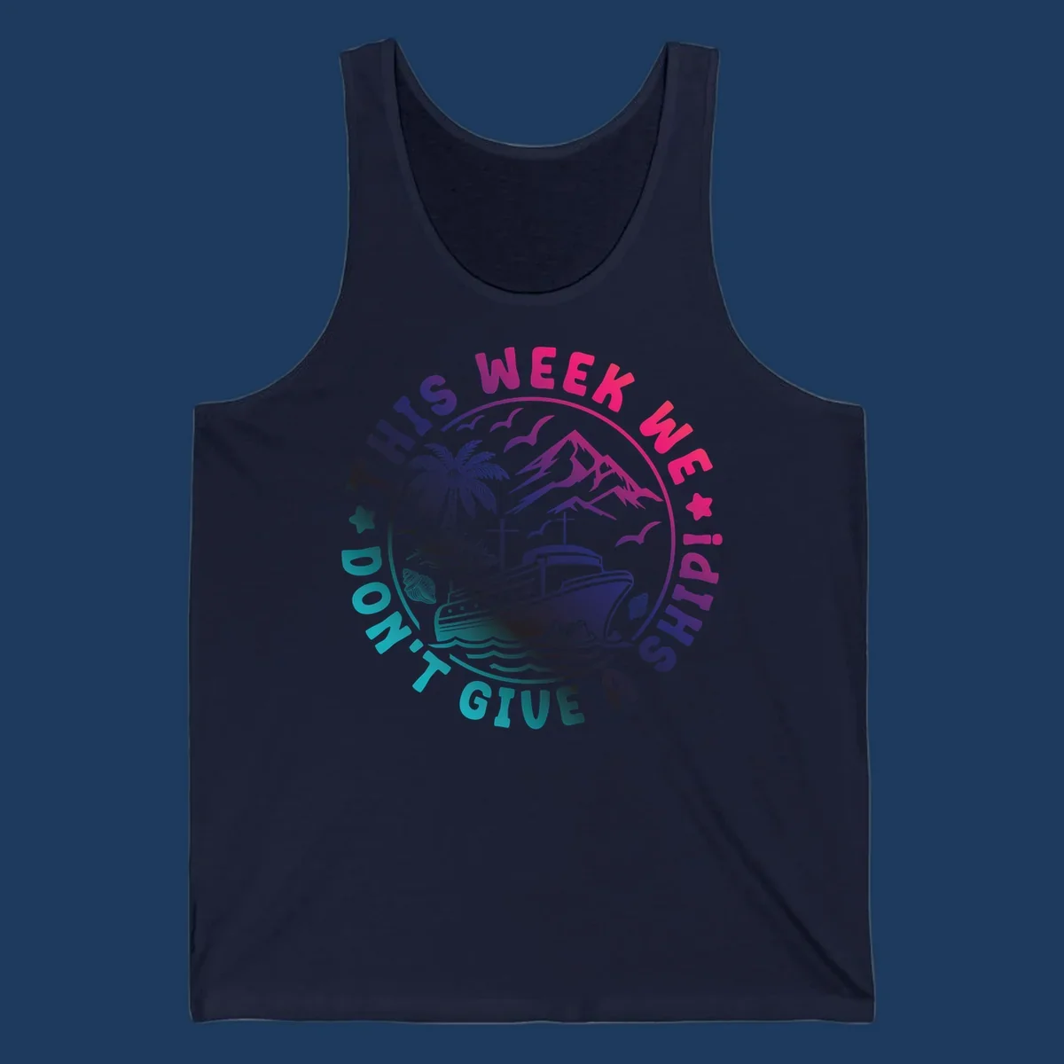Circular badge design with cruise ship, palm tree, and mountains featuring 'This Week I'm On A Cruise Ship' text in gradient pink and purple lettering