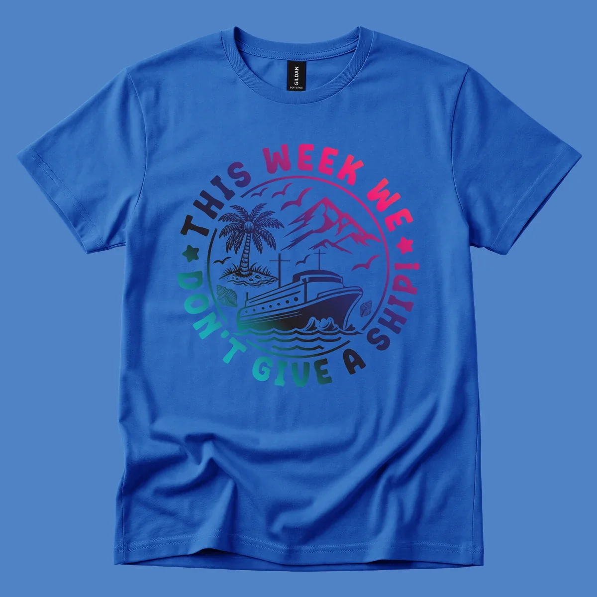 Circular badge design with cruise ship, palm tree, and mountains featuring 'This Week I'm On A Cruise Ship' text in gradient pink and purple lettering