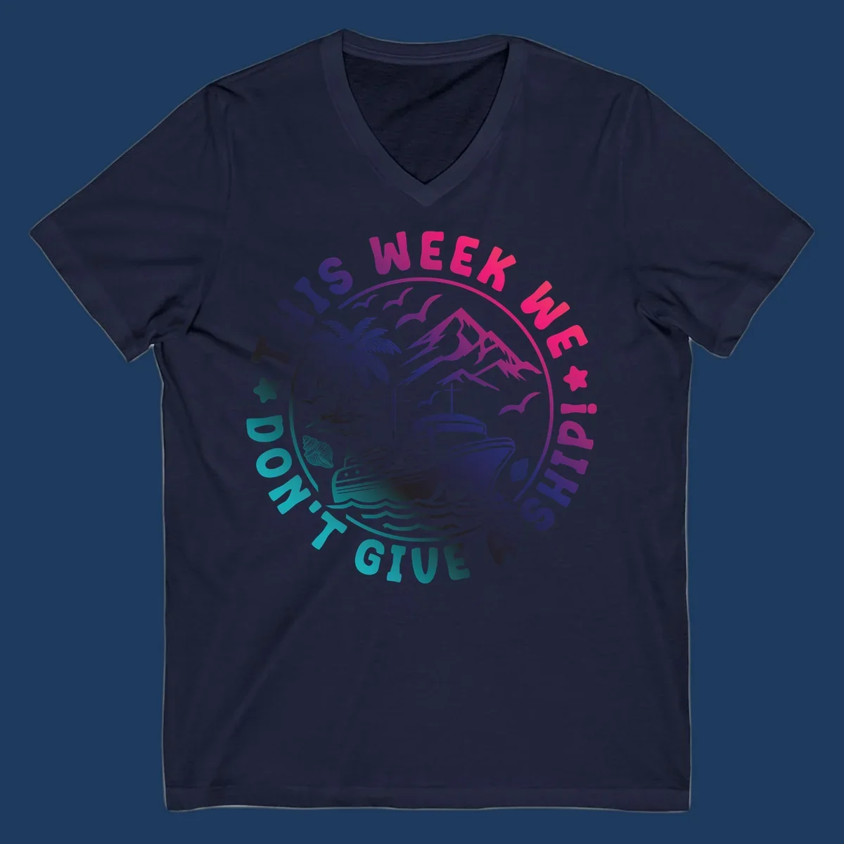 Circular badge design with cruise ship, palm tree, and mountains featuring 'This Week I'm On A Cruise Ship' text in gradient pink and purple lettering