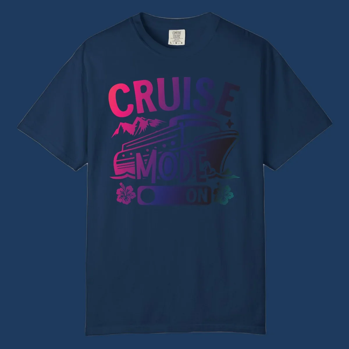 Colorful cruise mode on design featuring a stylized cruise ship with tropical hibiscus flowers, sparkles, and gradient text in pink, purple, and navy blue