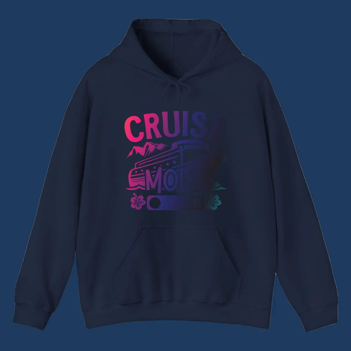 Colorful cruise mode on design featuring a stylized cruise ship with tropical hibiscus flowers, sparkles, and gradient text in pink, purple, and navy blue