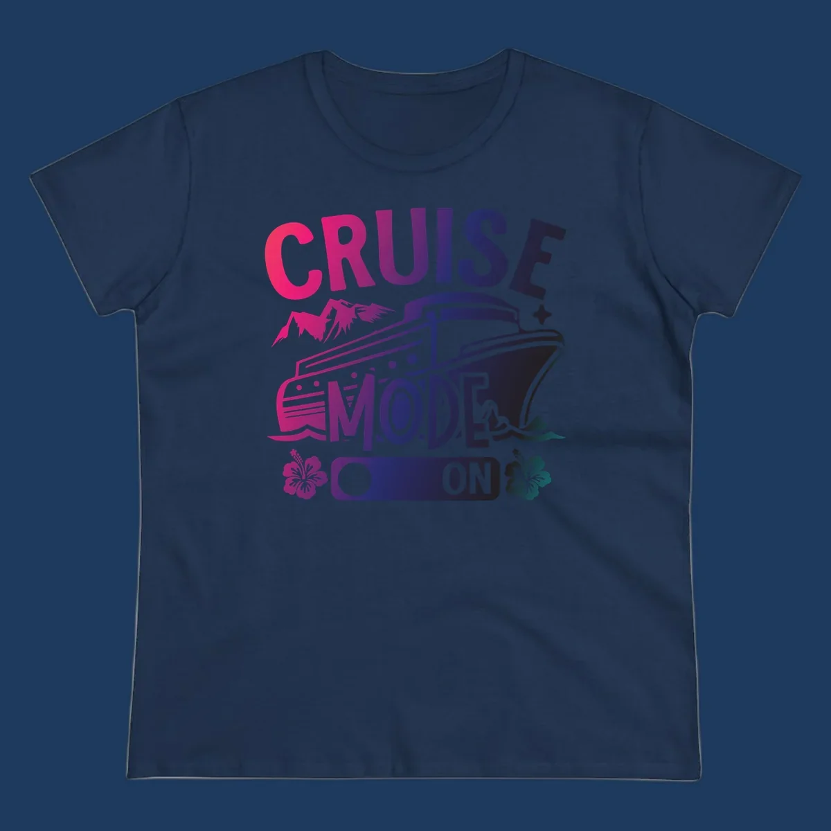 Colorful cruise mode on design featuring a stylized cruise ship with tropical hibiscus flowers, sparkles, and gradient text in pink, purple, and navy blue