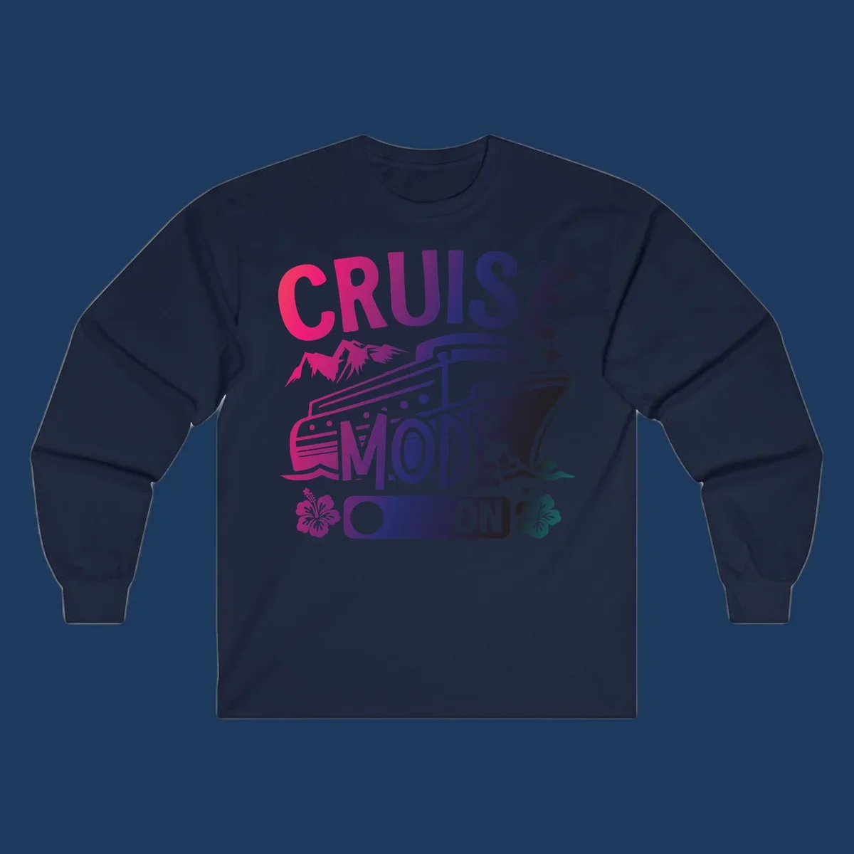 Colorful cruise mode on design featuring a stylized cruise ship with tropical hibiscus flowers, sparkles, and gradient text in pink, purple, and navy blue