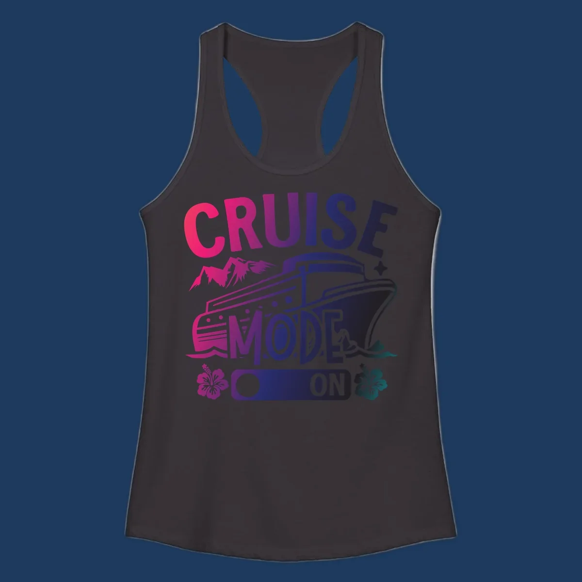 Colorful cruise mode on design featuring a stylized cruise ship with tropical hibiscus flowers, sparkles, and gradient text in pink, purple, and navy blue