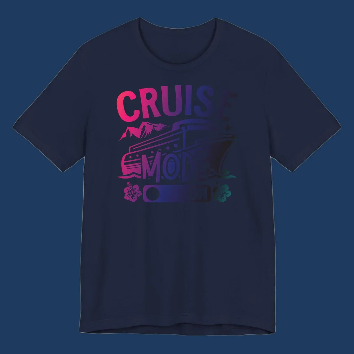 Colorful cruise mode on design featuring a stylized cruise ship with tropical hibiscus flowers, sparkles, and gradient text in pink, purple, and navy blue