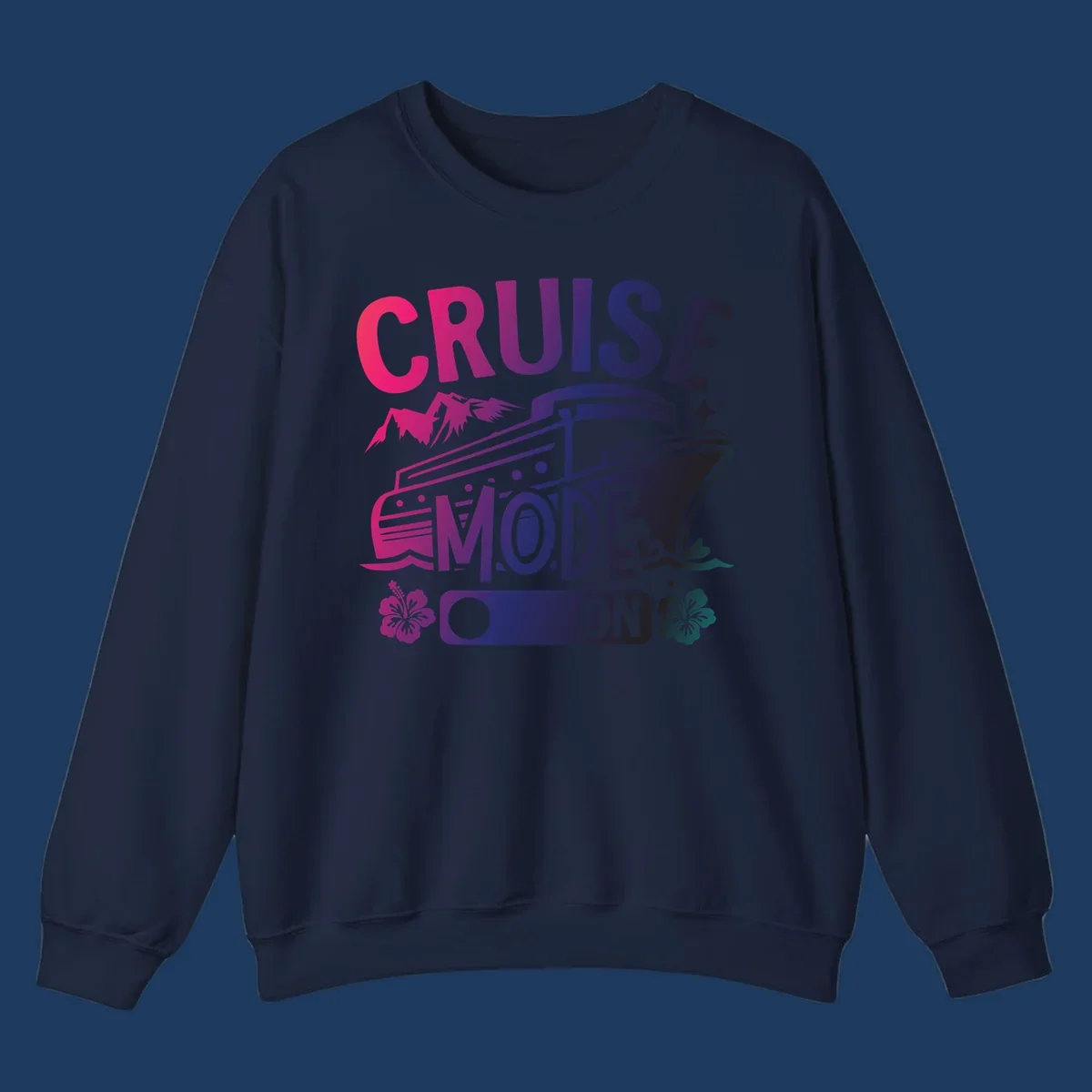 Colorful cruise mode on design featuring a stylized cruise ship with tropical hibiscus flowers, sparkles, and gradient text in pink, purple, and navy blue