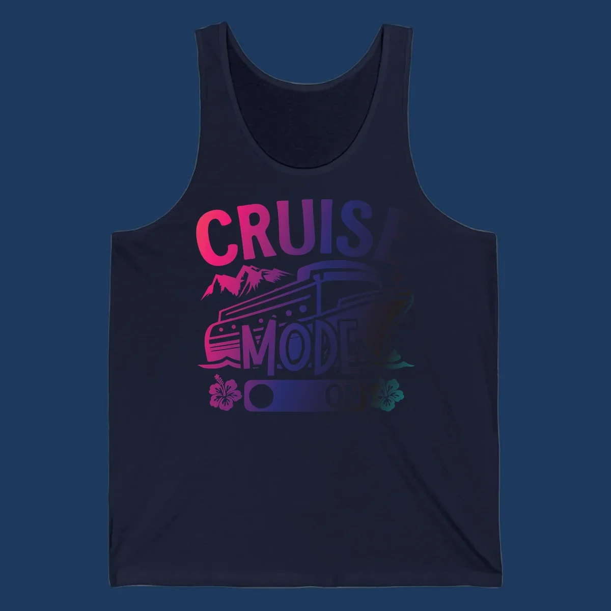 Colorful cruise mode on design featuring a stylized cruise ship with tropical hibiscus flowers, sparkles, and gradient text in pink, purple, and navy blue