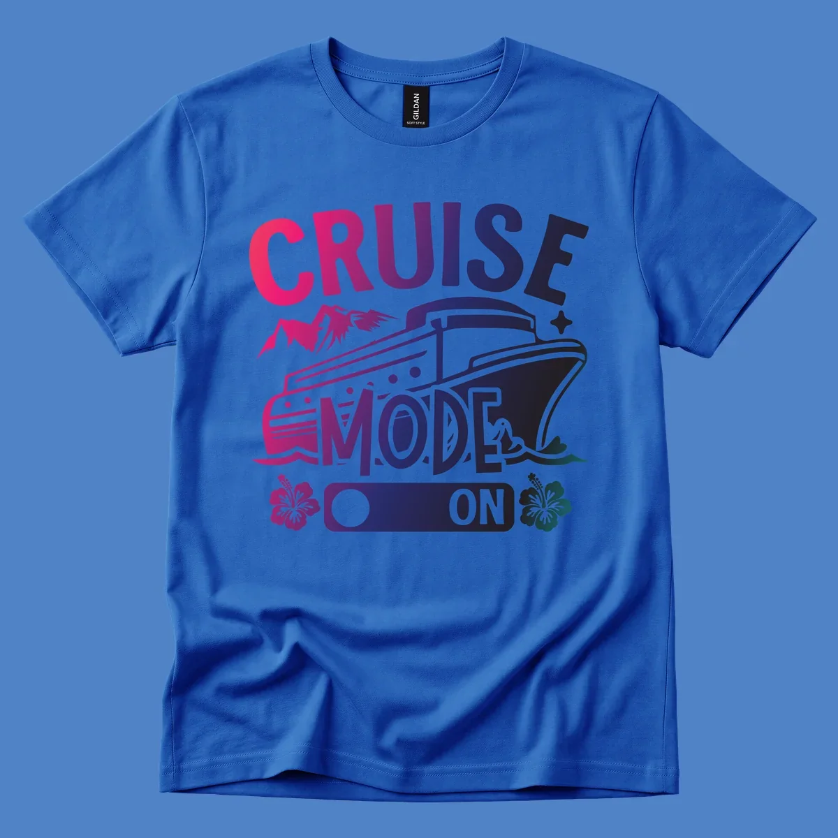 Colorful cruise mode on design featuring a stylized cruise ship with tropical hibiscus flowers, sparkles, and gradient text in pink, purple, and navy blue