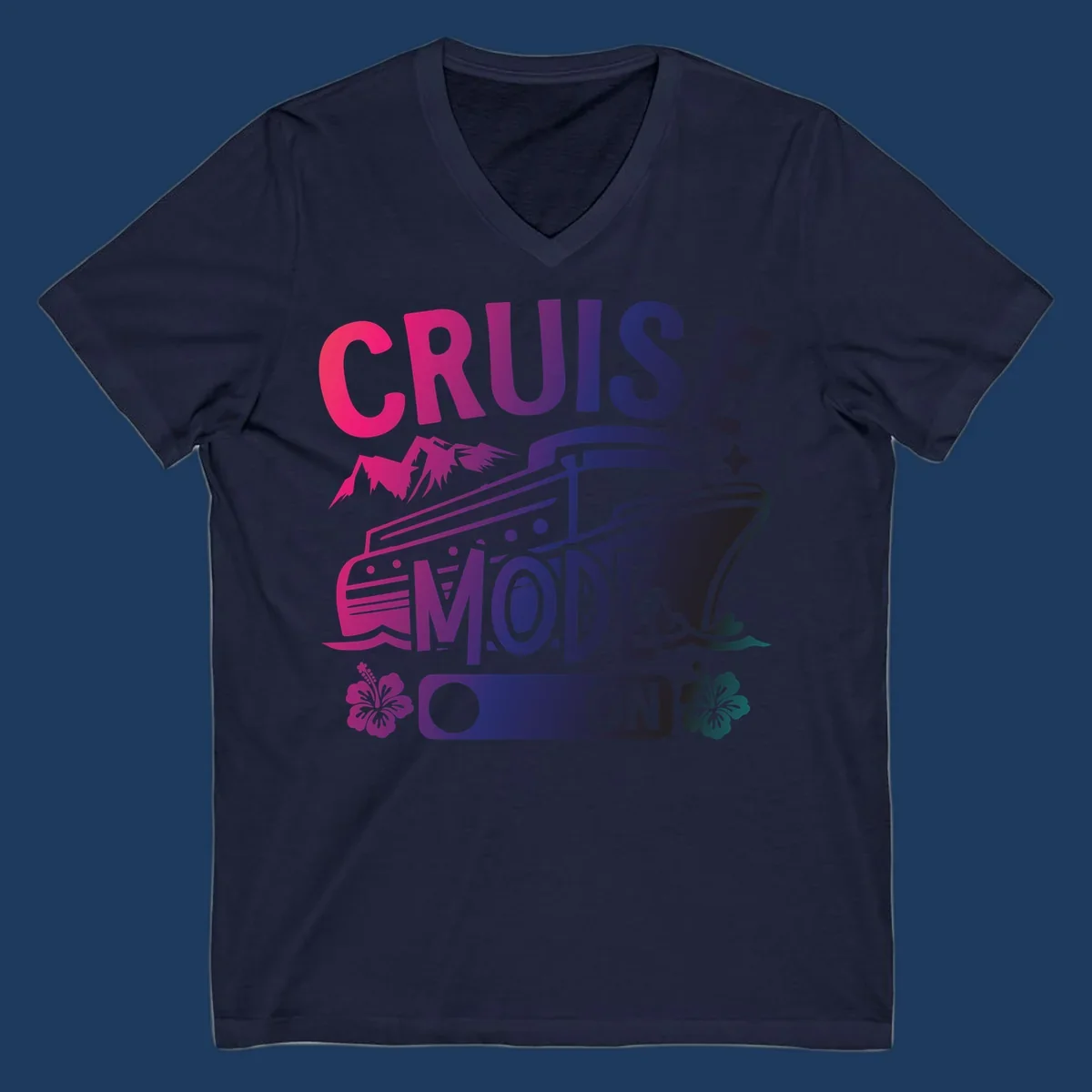 Colorful cruise mode on design featuring a stylized cruise ship with tropical hibiscus flowers, sparkles, and gradient text in pink, purple, and navy blue