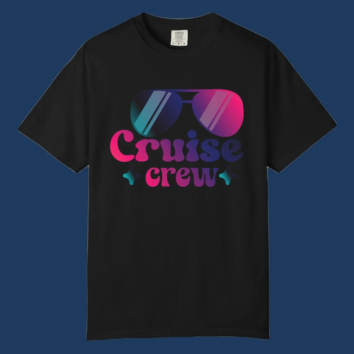 Cruise crew vibes design with gradient sunglasses, bold colorful lettering, and decorative stars in pink, purple, and navy tones