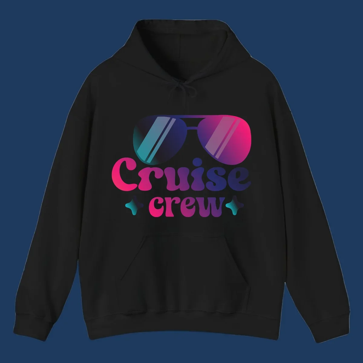 Cruise crew vibes design with gradient sunglasses, bold colorful lettering, and decorative stars in pink, purple, and navy tones